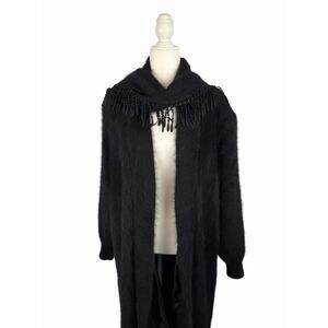 Vintage VENESHA Angora Cardigan Sweater Coat Womens Black Est XL Fringed Scarf